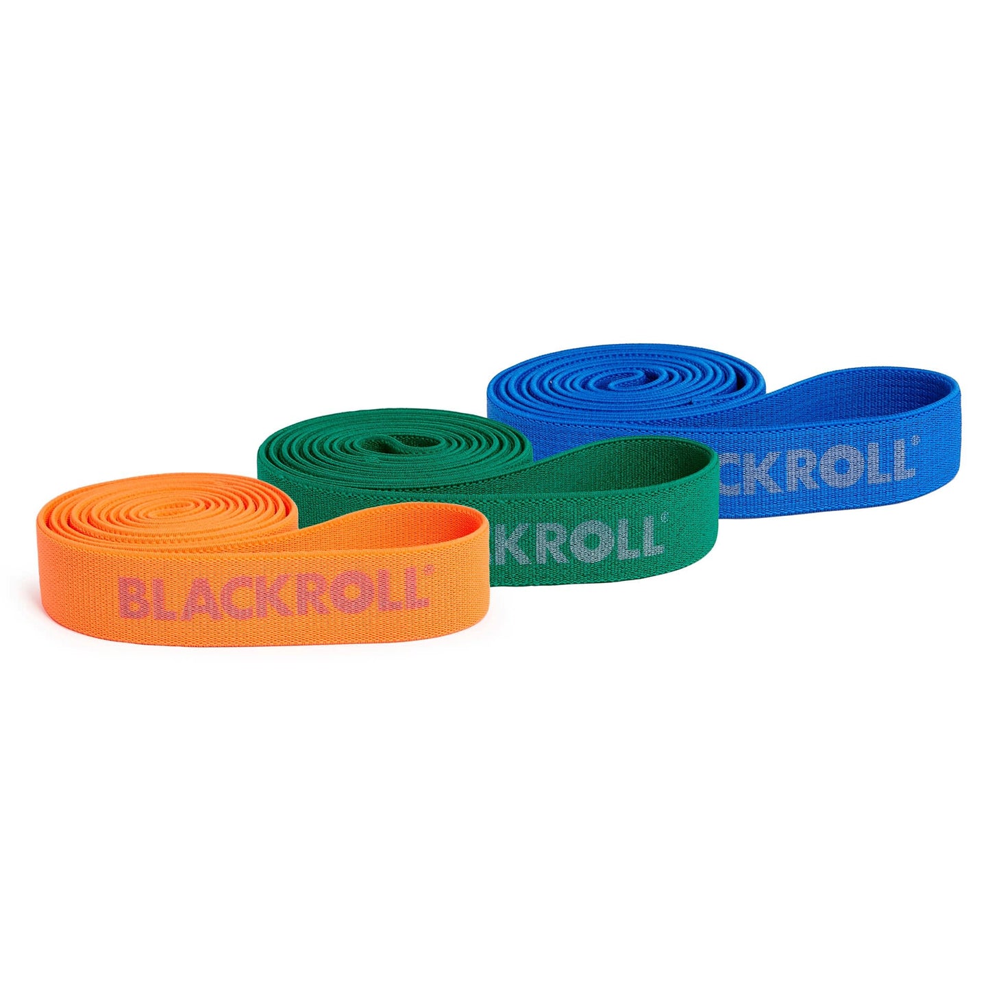BLACKROLL® Super Band Set mit drei Fitnessbändern in verschiedenen Widerstandsstärken – ideal für Kraft-, Stabilisations- und Dehnungstraining.