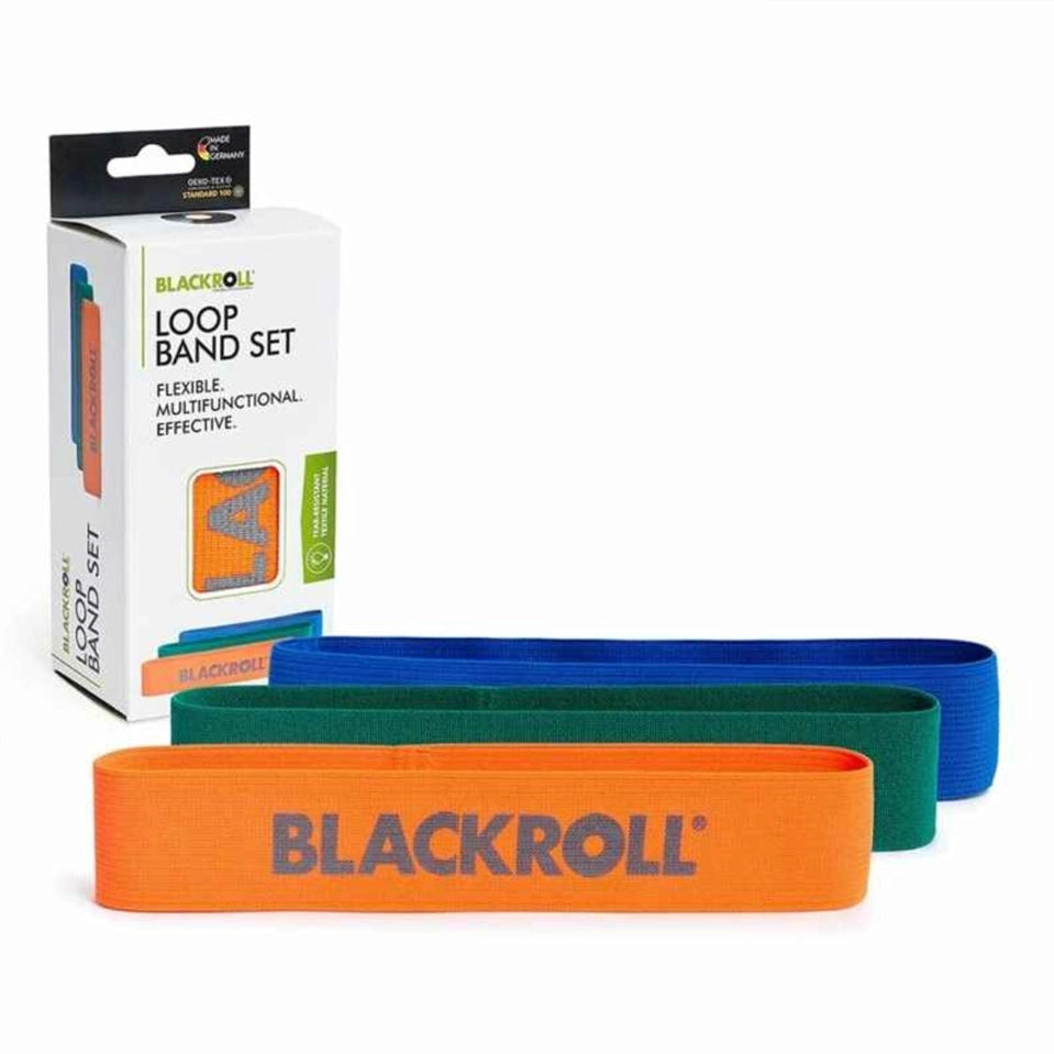 BLACKROLL® Loop Band Set in orange, grün und blau, ideal für vielseitige Kraft- und Mobilitätsübungen