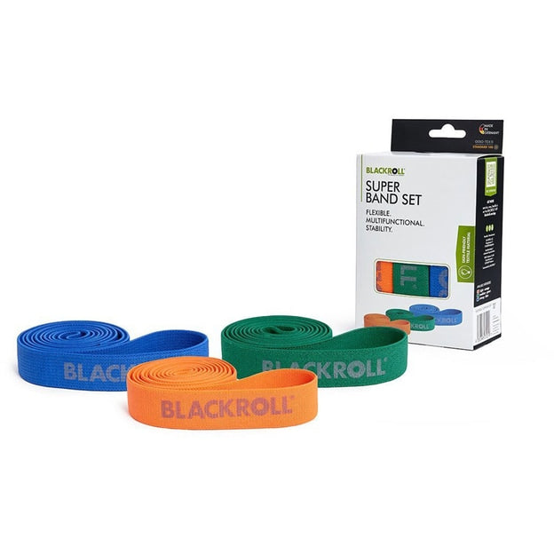 BLACKROLL® Super Band Set mit drei Fitnessbändern in verschiedenen Widerstandsstärken – ideal für Kraft-, Stabilisations- und Dehnungstraining.